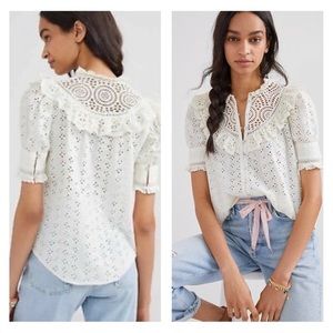 Anthropologie Boho Victorian Crochet Ruffle Neutral Cottagecore Top